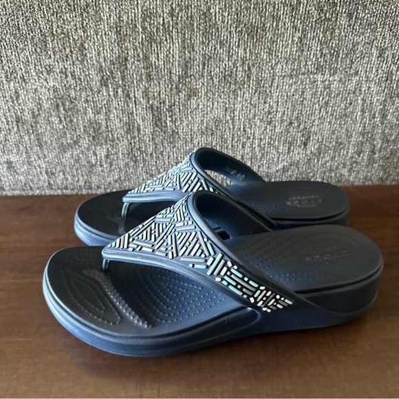 Crocs Sandals Womens 9 Monterey Wedge Slip On Flip Flop Navy 206851 Comfort - Picture 5 of 8